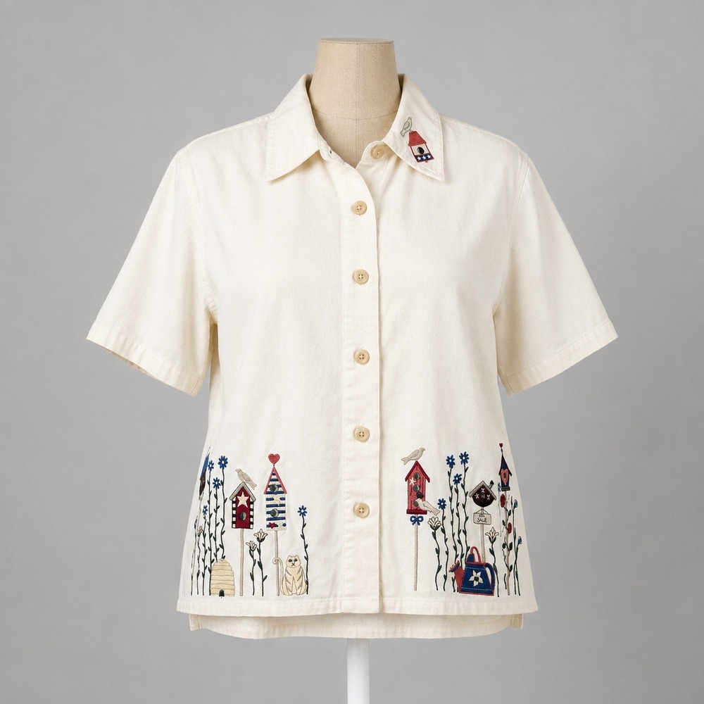 Christopher & Banks Ivory Embroidered Birdhouse Cat Garden Shirt Womens Medium